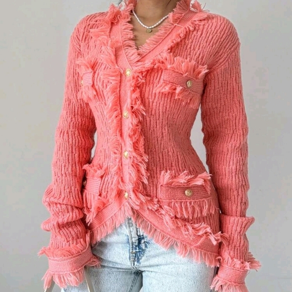 Ladies' Long Sleeve Cardigan With Fringed Edges, Buttoned Pockets - Picture 5 of 6